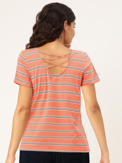 

Madame Women Peach-Coloured & Black Striped Styled Back Top