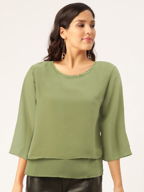 

Madame Women Green Solid Layered Jewel Neck Top