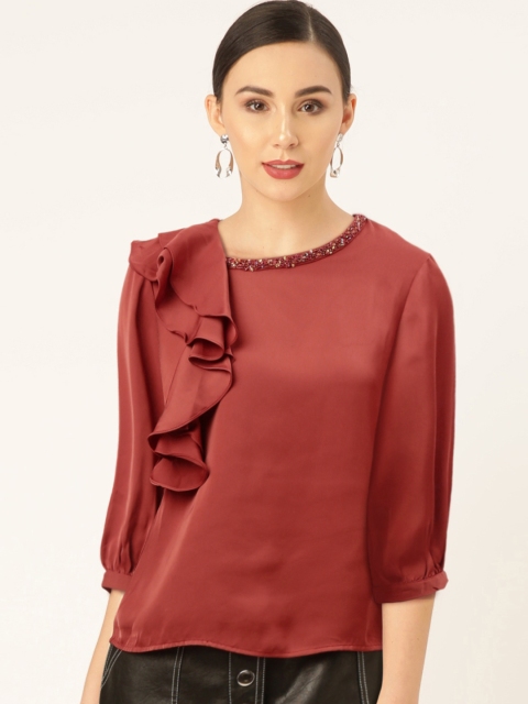 

Madame Women Rust Red Ruffled Detail Top With Satin Finish