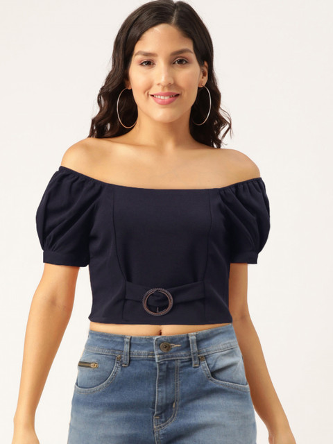 

Madame Women Navy Blue Solid Off-Shoulder Cropped Top
