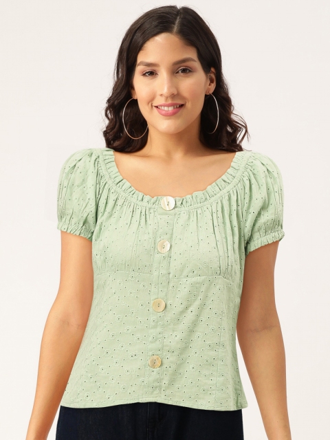 

Madame Women Green Floral Schiffli Embroidered Pure Cotton Top