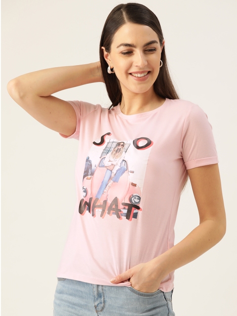 

Madame Women Pink & White Printed Pure Cotton Round Neck T-shirt