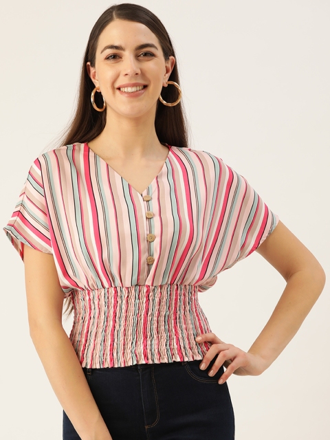 

Madame Women Pink & White Smocked Candy Stripe Cinched Waist Top
