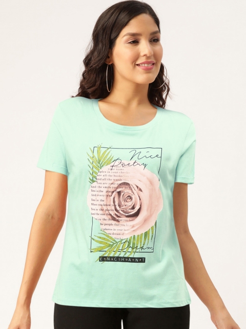 

Madame Women Sea Green Pink Printed Round Neck Pure Cotton T-shirt