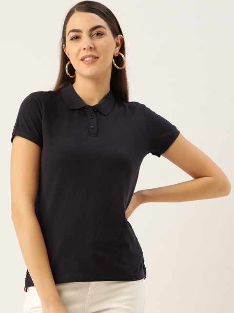 

Madame Women Navy Blue Solid Pure Cotton Polo Collar T-shirt
