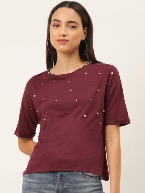 

Madame Women Maroon Solid Round Neck T-shirt with Embellished Detail