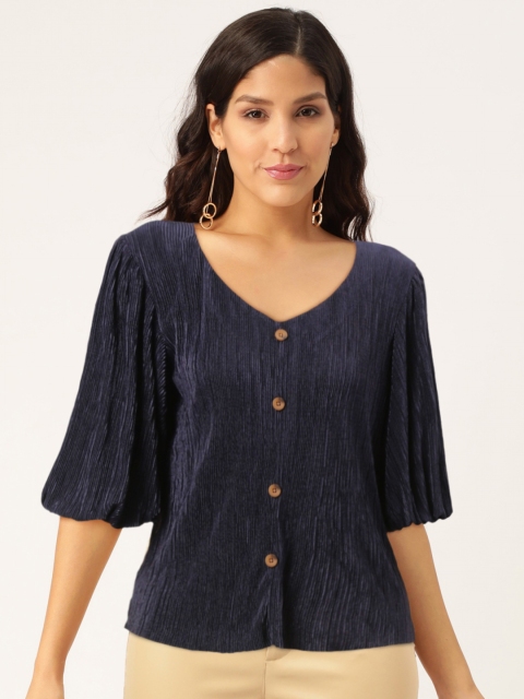 

Madame Women Navy Blue Solid Micro Accordion Pleated Top
