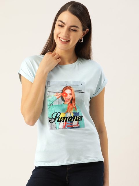 

Madame Women Blue Printed Round Pure Cotton Neck T-shirt