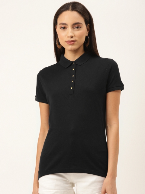 

Madame Women Black Solid Pure Cotton Polo Collar T-shirt