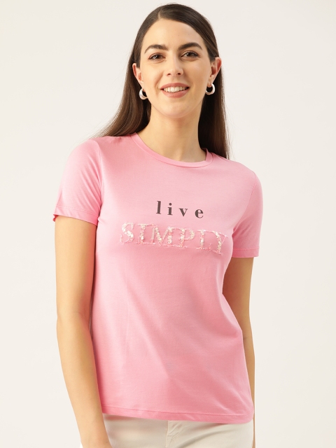 

Madame Women Pink Printed Round Neck T-shirt