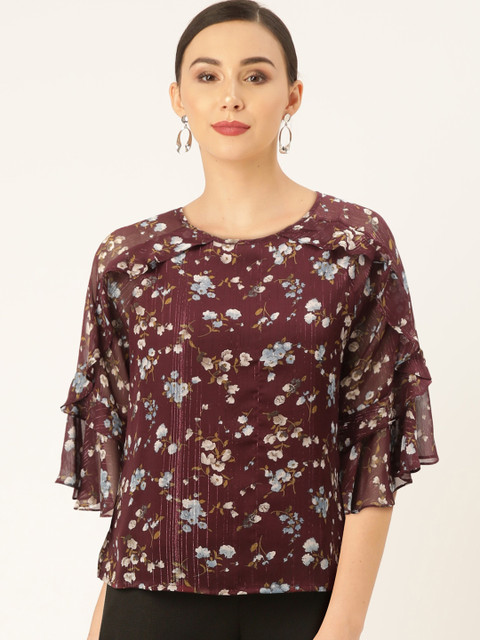 

Madame Women Burgundy & Blue Floral Print A-Line Top