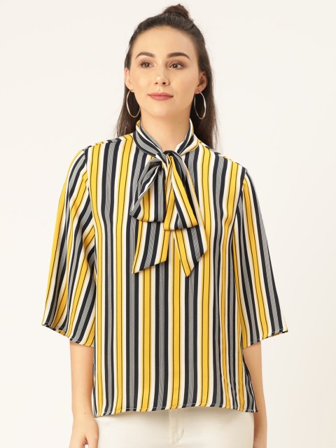 

Madame Women Yellow & Navy Blue Striped A-Line Top
