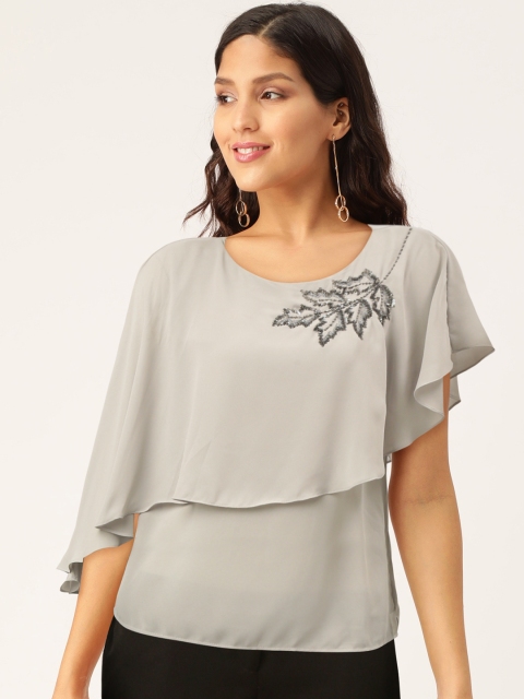 

Madame Women Grey Solid Layered A-Line Top with Sequins