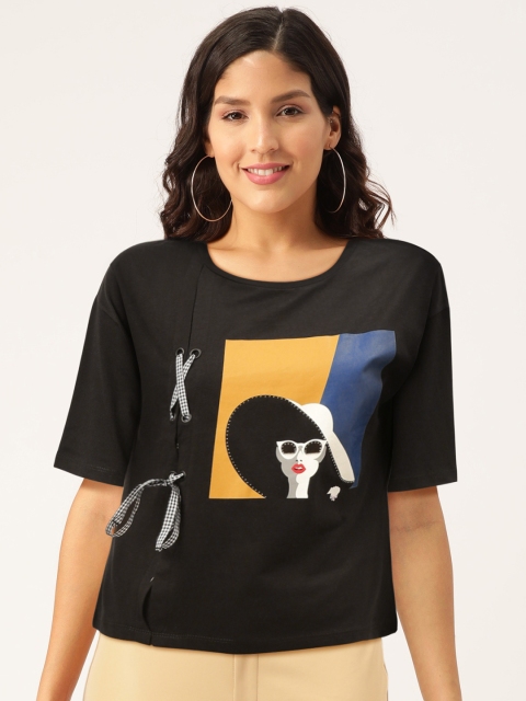 

Madame Women Black Mustard Yellow Graphic Print Pure Cotton T-shirt with Knots