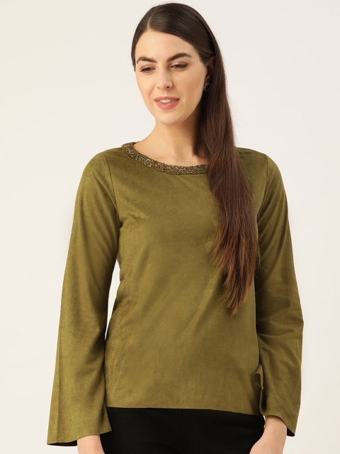 

Madame Women Olive Green Solid Top With Suede Finish