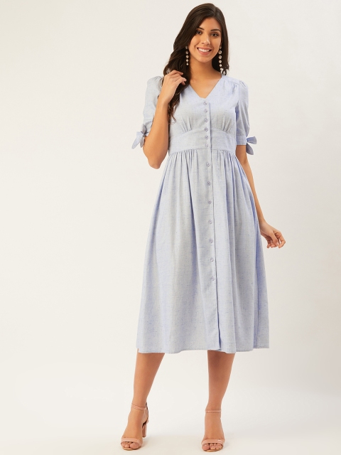 

Madame Women Blue Solid Buttoned A-Line Dress