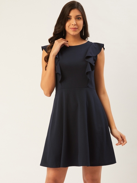 

Madame Women Navy Blue Solid Ruffled A-Line Dress