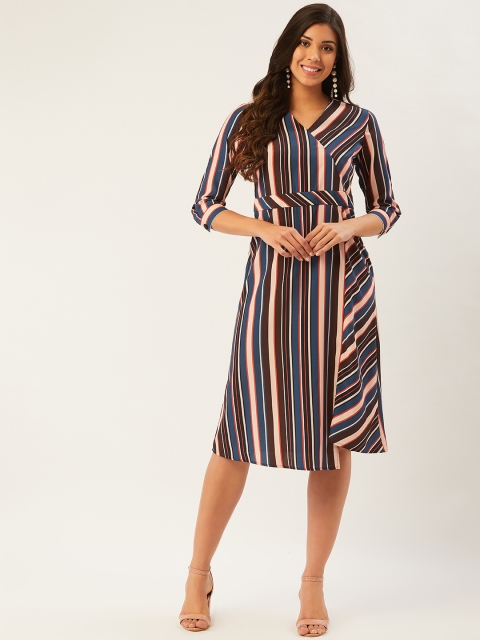 

Madame Women Blue & Burgundy Variegated Strips Wrap Dress