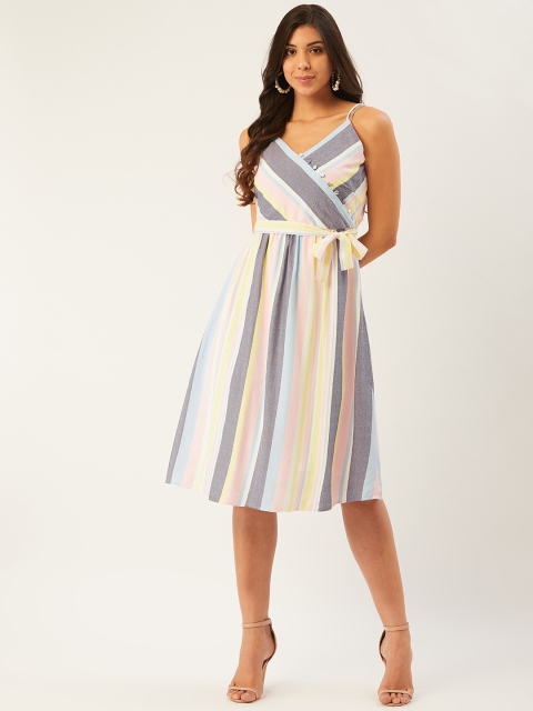 

Madame Women Blue Variegated Stripes Wrap Dress with Belt