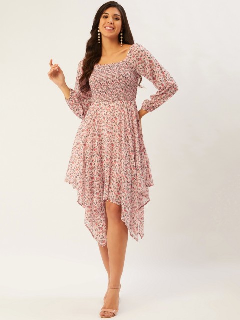 

Madame Women Off-White & Pink Smocked Floral Printed Asymmetric Fit and Flare Dress