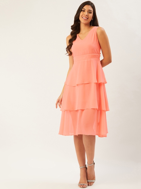 

Madame Women Peach-Coloured Semi-Sheer Solid Layered A-Line Dress