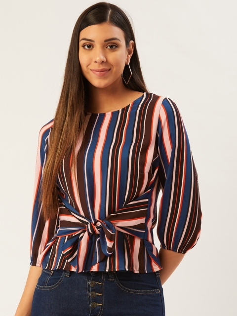 

Madame Women Blue & Brown Striped Top With Waist Tie-Ups