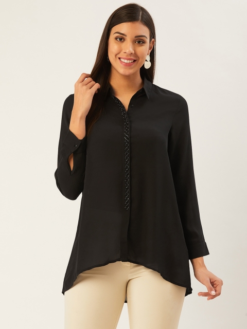 

Madame Women Black Regular Fit Semi Sheer High-Low Solid Casual Shirt