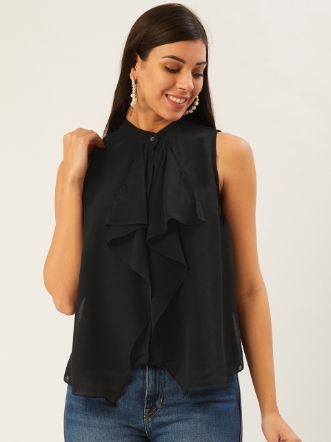

Madame Women Black Solid Top with Ruffled Detail