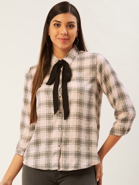 

Madame Women Off-White & Black Checked Casual Shirt with Tie-Up Detail