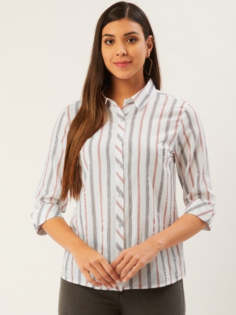 

Madame Women White & Black Regular Fit Striped Casual Shirt