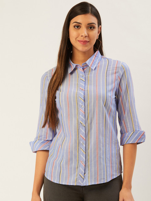 

Madame Women Blue & Pink Regular Fit Striped Casual Shirt