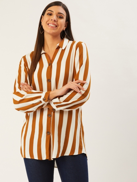 

Madame Women Brown & White Regular Fit Striped Longline Casual Shirt