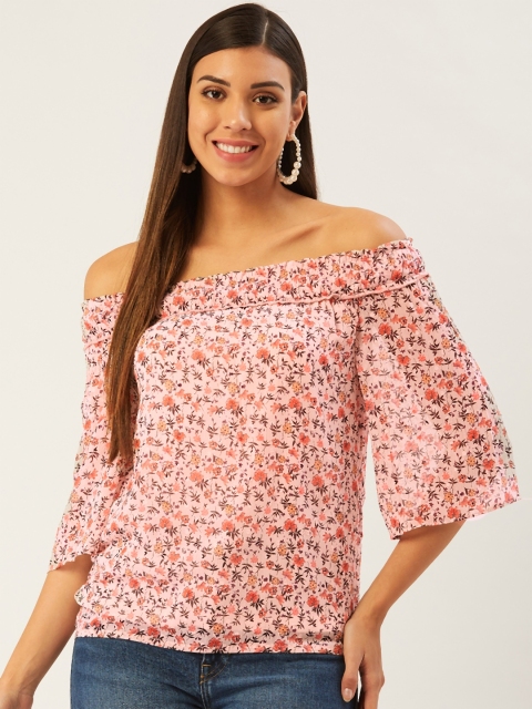 

Madame Women Pink & Coffee Brown Floral Print Bardot Top