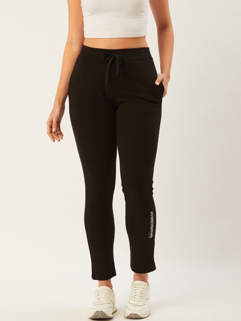 

Madame Women Black Solid Regular Fit Crop Track Pants With Print Detail
