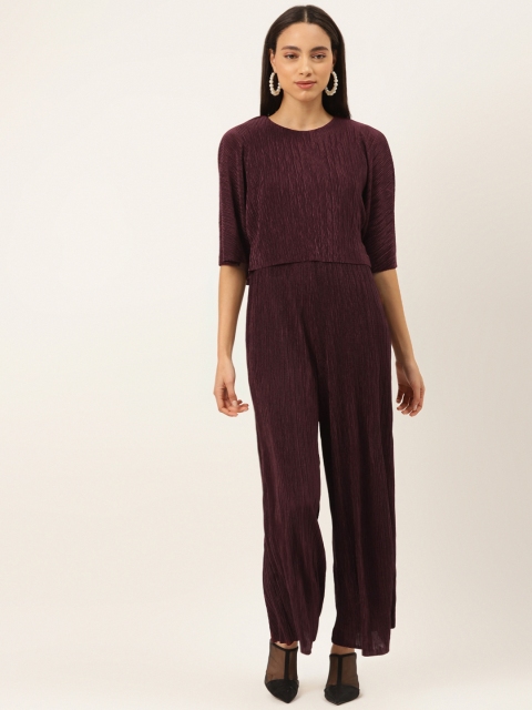 

Madame Women Burgundy Micro Accordian Pleated Layered Basic Jumpsuit