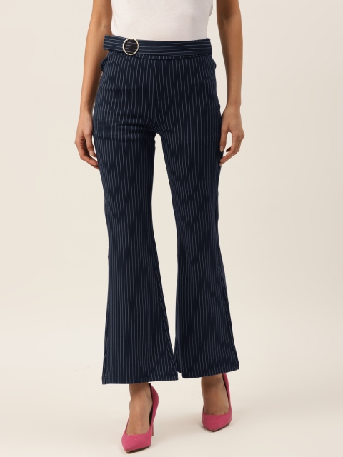 

Madame Women Navy Blue & White Regular Fit Striped Bootcut Trousers