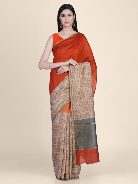 

Kasat Orange Pure Georgette Printed Tussar Saree