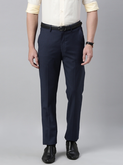 

Louis Philippe Men Navy Blue & Black Slim Fit Checked Formal Trousers