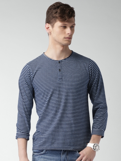 

Mast & Harbour Men Navy & White Striped Henley T-shirt, Navy blue