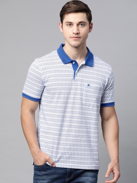 

Louis Philippe Men White & Blue Pure Cotton Printed Polo Collar T-shirt