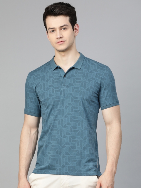 

Louis Philippe Ath.Work Men Teal Blue Slim Fit Printed Polo Collar T-shirt