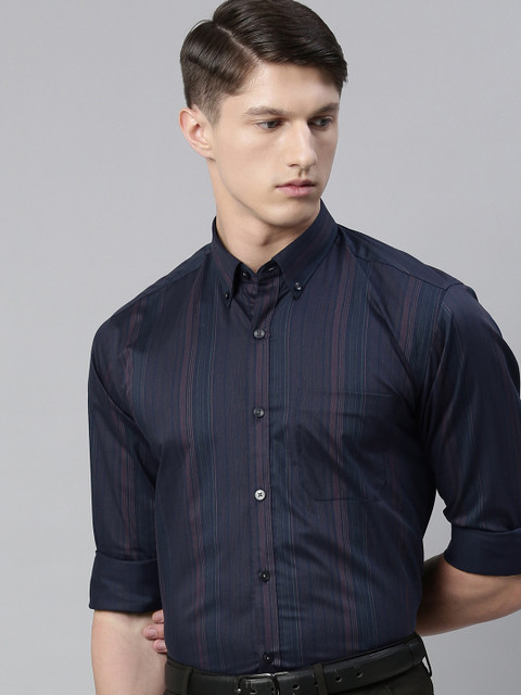 

Louis Philippe Men Navy Blue & Rust Orange Regular Fit Variegated Striped Formal Shirt