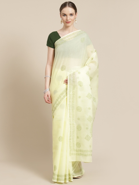 

ADA Yellow & Green Pure Cotton Chikankari Embroidered Saree
