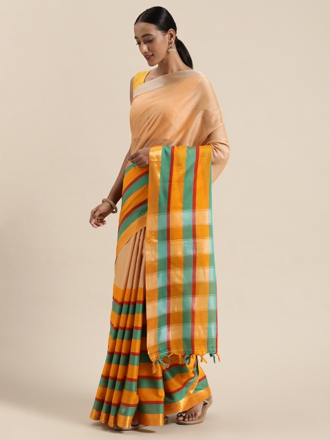 

Pavechas Orange & Sea Green Pure Cotton Striped Venkatgiri Saree