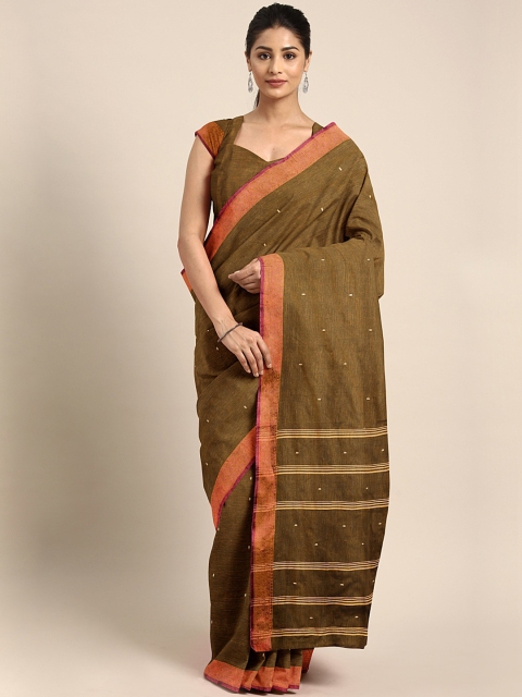 

Pavechas Olive Brown Pure Cotton Self Design Taant Saree