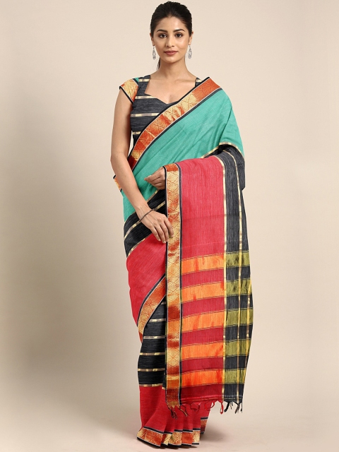 

Pavechas Navy Blue & Red Pure Cotton Striped & Colourblocked Venkatgiri Saree