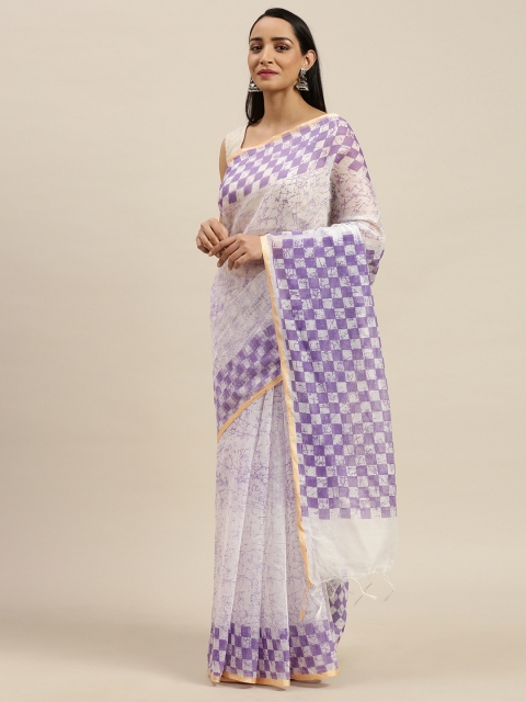 

Pavechas White & Lavender Polycotton Checked Mangalagiri Saree