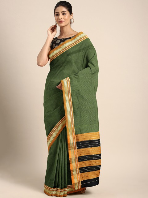 

Pavechas Olive Green & Mustard Striped Narayan Peth Saree