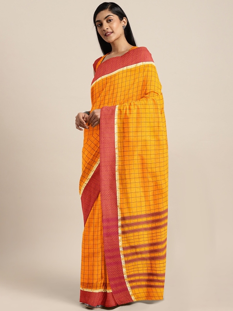 

Pavechas Orange & Maroon Checked Narayan Peth Saree