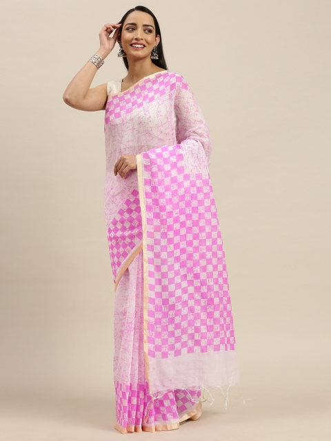 

Pavechas White & Pink Polycotton Checked Mangalagiri Saree